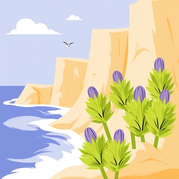A coastal scene depicting tall, rugged ocean cliffs under a clear blue sky. Vibrant green artichoke plants with large, spiky leaves grow in clusters at the edge of the cliffs, their round purple buds peeking through the foliage. Below, the ocean waves crash against the rocks, creating white frothy spray. Small seabirds can be seen flying overhead, while a few fluffy white clouds drift lazily in the sky. The sunlight bathes the scene in a warm glow, highlighting the textures of the cliffs and the lush greenery of the artichokes.