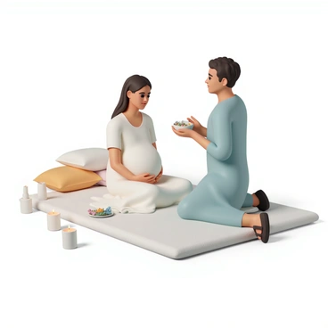 A midwife, wearing a light blue tunic and comfortable brown sandals, gently kneels beside a mother-to-be. The mother, dressed in a flowing white gown, is seated on a soft cushioned mat. The midwife holds a small bowl filled with herbs and flowers, preparing to perform a calming ritual. The room is warmly lit with candles placed around, casting a soft glow. The midwife is demonstrating a breathing technique, guiding the mother with a serene expression. The mother looks relaxed and attentive, her hands resting on her round belly. Various soothing elements, such as soft pillows and a small water fountain, enrich the tranquil atmosphere.