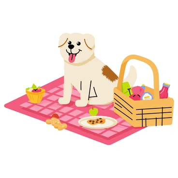 A happy dog with fluffy fur sits on a vibrant picnic blanket that is spread out on the grass. The blanket is checked with red and white patterns. Various treats are scattered around, including a bone-shaped cookie, a bowl of kibble, and a juicy apple. The dog looks excited, with its tongue out and tail wagging. A picnic basket sits nearby, partially open, revealing more snacks and a colorful drink bottle. The scene is filled with a cheerful, sunny atmosphere, highlighting the joy of a picnic.