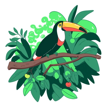 A vibrant toucan with a large, colorful beak is perched on a thick, twisting branch. The toucan's feathers display a range of contrasting colors that stand out against the foliage. Surrounding the branch is dense greenery, consisting of various shades of leaves and plants creating a rich background. Sunlight filters through the leaves, casting playful shadows and highlighting the texture of the toucan's feathers. Small fruits and flowers can be seen amongst the greenery, adding to the tropical atmosphere.