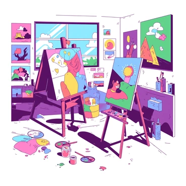 An artist is standing in a spacious studio filled with vibrant colors and natural light. The walls are adorned with various paintings showcasing different styles and subjects, using a mix of bold colors and intricate details. In front of the artist, there is a large easel holding a canvas with a partially finished artwork. The artist wears a paint-splattered apron and has a focused expression while holding a brush in one hand, ready to add more strokes to the canvas. Scattered around the studio are paint tubes, brushes in jars, and palettes with a variety of colors. The floor is painted white and the ceiling is bright, enhancing the colorful atmosphere of the studio.