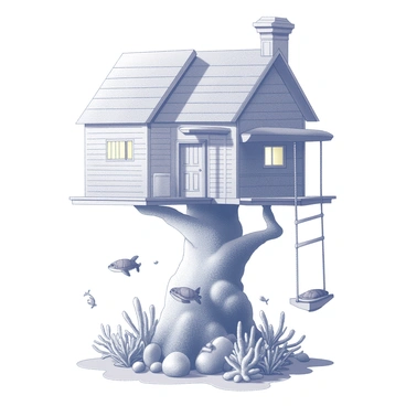 A treehouse constructed among intricate coral formations. The structure has wooden walls adorned with natural textures, set high above the ocean floor. Hanging bridges, made of sturdy ropes and wooden planks, connect the treehouse to other nearby structures or platforms. Below, various marine life can be seen swimming among the coral, including fish swimming gracefully and sea turtles gliding through the water. The scene captures the beauty of the natural environment, with coral reefs forming a vibrant underwater landscape beneath the treehouse.