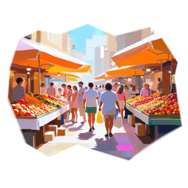 A bustling market in Mallorca filled with vibrant stalls showcasing an array of fresh produce and local crafts. Stalls are adorned with colorful fruits, including oranges, lemons, and ripe tomatoes, all arranged neatly to attract customers. Nearby, artisans display handmade crafts, such as pottery and woven textiles, each piece reflecting the local culture. Shoppers of various ages and backgrounds move through the market, some carrying reusable bags filled with goods. The scene is lively, with vendors calling out to passersby, creating an atmosphere of community and engagement. Bright umbrellas provide shade over the stalls, enhancing the cheerful ambiance of the market.