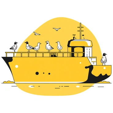 A group of seagulls with white bodies and black heads perched on the railings of a fuel barge that is floating on water. The barge is bulk and rectangular, with a textured surface and various equipment visible on its deck. The seagulls are standing in different positions, some facing forward while others are preening their feathers. The water is calm around the barge, with gentle ripples reflecting the birds above.