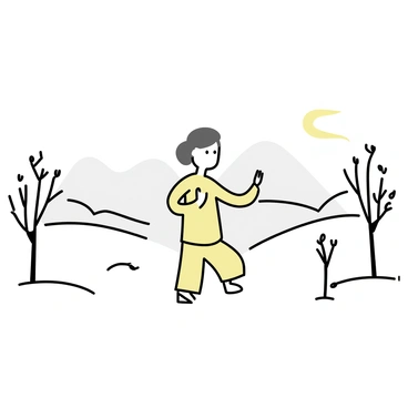 A lone figure practicing "qi gong" in a serene environment, surrounded by soft, rolling hills. The figure, dressed in loose-fitting, light-colored clothing, is positioned in a calm stance, with arms gracefully extended. The fog blankets the ground, creating a mystical atmosphere. Sparse trees with delicate branches frame the scene, their leaves lightly glimmering with dew. In the background, a distant outline of mountains adds depth to the peaceful morning setting. The early light filters through the fog, casting a gentle glow on the figure.