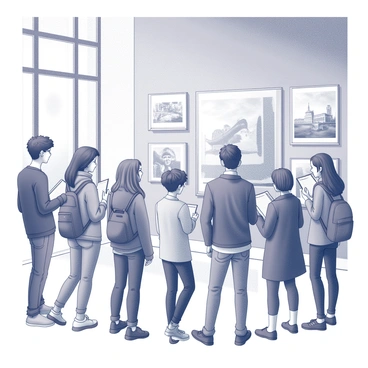 A group of students standing in a museum gallery. They are looking attentively at various historical illustrations displayed on the walls. Some students are taking notes in notebooks, while others are pointing at specific illustrations, discussing their observations. The museum features high ceilings, and natural light is streaming in through large windows, illuminating the detailed artwork around them. The students are diverse in appearance, wearing casual clothing, and are arranged in a semi-circle around a prominent illustration that captures their interest.
