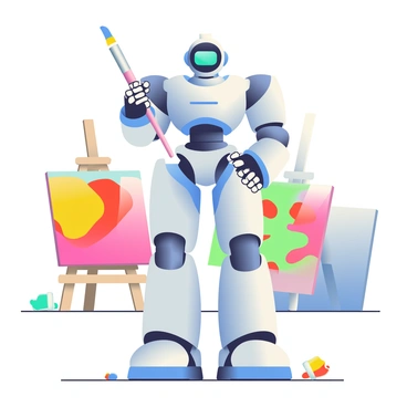 A futuristic robot with sleek metallic surfaces and bright blue accents is standing upright, holding a large paintbrush in its right hand. The robot has multiple articulated limbs, allowing for precise movements. Surrounding the robot are colorful paintings displayed on easels, showcasing vibrant abstract designs in shades of red, yellow, and green. The ground beneath the robot is splattered with paint in various hues, indicating its active creativity. In the background, there are more unfinished canvases leaning against a wall, hinting at the robot's artistic process.