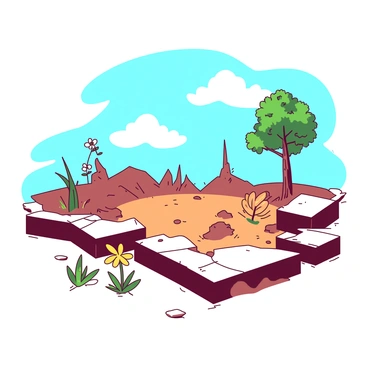 A vivid scene depicts a post-earthquake landscape with a central area marked by remnants of destruction. In the foreground, green sprouts and young plants are emerging from cracked earth, reclaiming the space around the epicenter. A few colorful flowers in shades of yellow and orange bloom brightly among the debris. On one side, a small tree with fresh leaves stands tall, showcasing resilience. The background features a clear blue sky, with fluffy white clouds, symbolizing hope and renewal. The juxtaposition of life and destruction creates a powerful image of recovery and nature's determination.