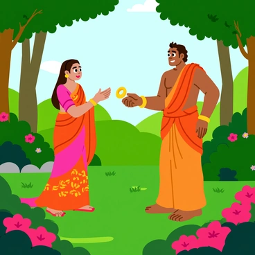 Hanuman standing in Ashok Vatika, holding out Rama's ring towards Sita. The lush greenery of the garden surrounds them, featuring vibrant red and pink flowers. Sita is depicted with graceful features, wearing a flowing saree with intricate patterns, her expression a mix of surprise and gratitude. Hanuman, with his muscular build and a distinct monkey-like face, is depicted with a warm expression. The background shows tall trees and delicate blossoms, creating an atmosphere of hope and tension. Sunlight filters through the leaves, casting dappled light on the scene.