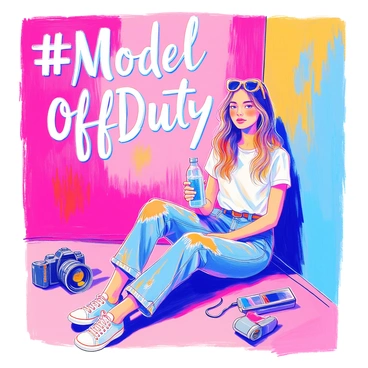 A model in casual attire during a break at a fashion shoot, with the hashtag #ModelOffDuty