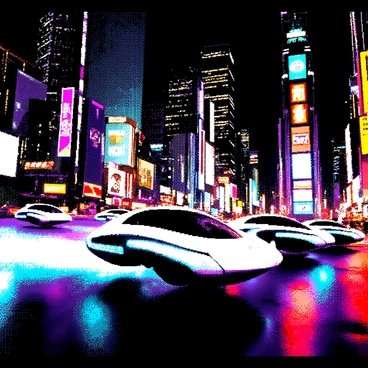 A scene is set in a neon cityscape filled with tall, sleek skyscrapers. The architecture features sharp angles and illuminated signs. Several hovercars with smooth, aerodynamic designs are speeding through the streets, leaving trails of light behind them. The hovercars are positioned at various angles to showcase their speed and movement. The city is bathed in a vibrant atmosphere created by the glowing neon lights reflecting off surfaces throughout the environment. There are no people visible, focusing solely on the racing cars and the dynamic city background.