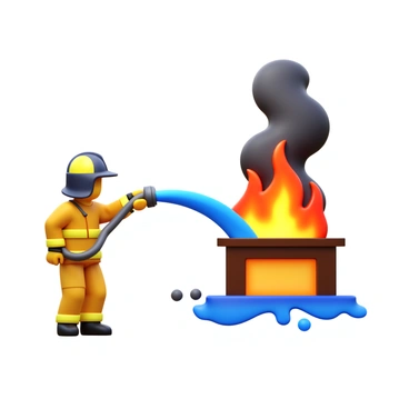 A firefighter in full protective gear aiming a powerful water hose at a blazing fire. The firefighter's helmet is shiny and reflects the light from the flames. The water hose spews a strong jet of water toward the large flames engulfing a structure. Bright orange and yellow flames curl upward, producing thick black smoke that billows into the sky. The ground is scattered with debris and water puddles.