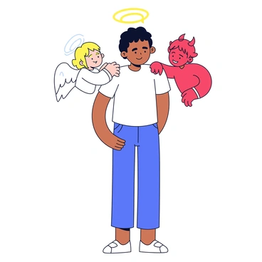 A character stands in the center, with an angel and a devil positioned on either shoulder. The angel is depicted as a small figure with white wings, a glowing halo, and a gentle expression, softly whispering into the character's ear. The devil is illustrated as a small figure with red skin, pointy horns, and a mischievous grin, leaning in to whisper into the other ear. The character has a neutral expression, looking straight ahead, caught in between the two opposing influences. The overall composition focuses on the contrasting figures of the angel and devil, emphasizing their distinct appearances and expressions.