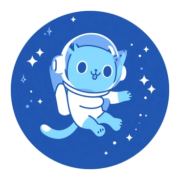 A blue cartoon cat wearing a tiny white astronaut suit is floating gracefully in space. The cat has wide, bright eyes and a playful expression, with its paws outstretched. Surrounding the cat are numerous small white stars twinkling against the deep blue backdrop of space. The cat's tail trails behind it, adding to the sense of movement as it glides through the starry expanse.