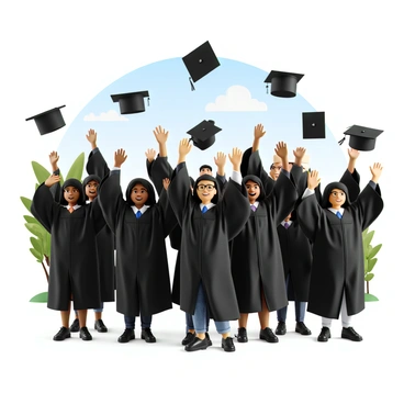 A group of diverse students wearing traditional graduation gowns and mortarboards stands together in an open outdoor space. They are celebrating graduation day, with bright smiles on their faces. Some students have dark skin, while others have light skin, showcasing a blend of ethnicities. Each student is mid-action, with their arms raised high, tossing their caps into the air. The caps are flying in various directions, creating a dynamic and joyful atmosphere. The background features a clear blue sky and hints of greenery from nearby trees, adding to the celebratory mood of the scene.