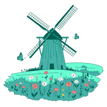 A teal windmill stands tall against the sky, with its blades gently turning. Surrounding the windmill are expansive fields filled with a variety of vibrant flowers in full bloom, showcasing an array of colors. Butterflies, with intricate patterns on their wings, flutter gracefully among the flowers, adding movement to the serene landscape. The windmill is made of wood, with a rustic charm, and its base is partially covered by lush green grass that softly sways in the breeze.