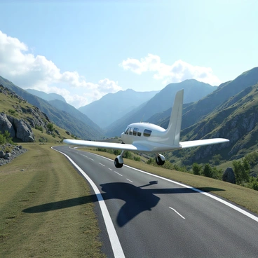 A small aircraft with a sleek design and a white body is in the process of landing on a narrow runway. The runway is situated high in the mountains, surrounded by rugged peaks adorned with patches of green and rocky outcrops. The sky is clear with a few scattered clouds, and the sunlight casts soft shadows on the terrain. The wheels of the aircraft are just inches above the runway, and a light breeze is evident as the aircraft descends. In the background, the majestic mountains create a dramatic backdrop, emphasizing the height of the location.