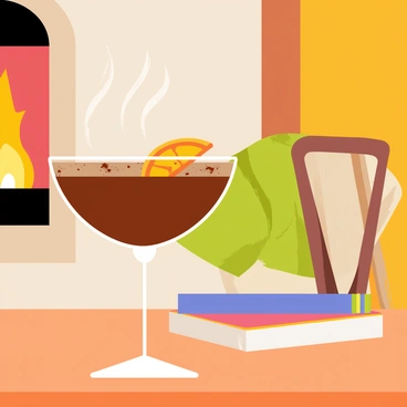 A coupe glass filled with a rich, dark brown spiced winter cocktail sits on a wooden table. The surface of the drink is garnished with a slice of orange and a sprinkle of cinnamon. Wisps of steam rise gently from the cocktail, creating a warm atmosphere. In the background, a softly glowing fireplace is visible, adding an inviting touch to the cozy indoor setting. There's a knitted blanket draped over the back of a nearby chair, and a stack of books with colorful covers rests on the table beside the glass.