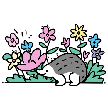 A pangolin with a scaly, curved body is crouching down in a colorful garden. The garden is filled with various exotic flowers, including bright red hibiscus, deep blue orchids, and vibrant yellow sunflowers. The plants have lush green leaves, creating a lush backdrop. The pangolin carefully interacts with a large, pink flower, using its long tongue to explore the petals. Sunlight filters through the leaves, casting dappled shadows on the ground.