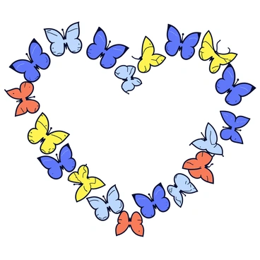 A swarm of colorful butterflies in various shades of blue, yellow, and orange. The butterflies are gracefully arranged to form the shape of a heart. Each butterfly has delicate wings with intricate patterns and slight variations in size. The background is a simple, solid color that enhances the vibrant colors of the butterflies.