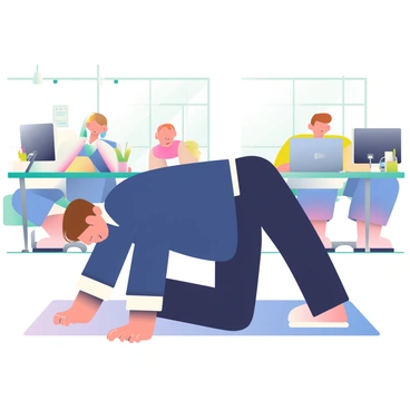 An office worker with light skin and short brown hair is wearing a fitted navy blue blazer over a crisp white shirt paired with tailored black trousers. He is in a dynamic burpee position, with his hands on the floor and legs extended behind him. Around him, there are several modern desks with computers and office supplies, creating a busy office environment. A few colleagues can be seen in the background, watching curiously. The floor is a polished light wood, and large windows let in natural light, illuminating the scene.