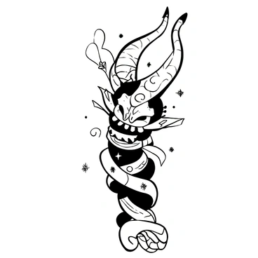 A detailed "Hannya" mask tattoo is illustrated on a person's arm. The tattoo features intricate patterns and textures, showcasing the mask's sharp horns and fierce expression. There are elements of swirling smoke and small ornamental designs surrounding the mask, creating a dynamic composition. The arm is slightly bent, emphasizing the contours and details of the tattoo as it wraps around the skin.
