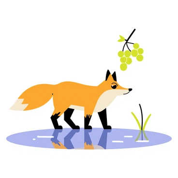 A fox with bright orange fur and a bushy tail stands on the edge of a clear pond. The fox gazes intently at its reflection in the water, with its ears perked up and eyes focused. Above the pond, a bunch of green grapes hangs from a branch, their vibrant color reflecting in the water alongside the fox. The scene captures the calm ambiance of a sunny day, with gentle ripples breaking the surface of the pond where the fox's reflection is seen.