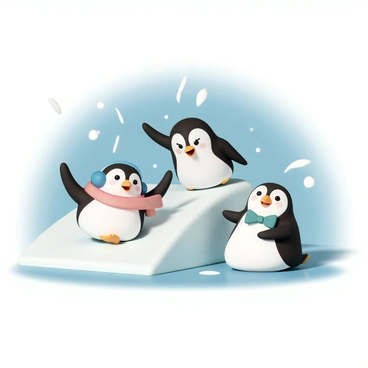 A group of cartoon penguins, each with distinct features, sliding down a shiny, icy hill. The first penguin, with a red scarf, is mid-slide, raising its flippers in excitement. The second penguin, wearing blue earmuffs, is laughing with its beak open, displaying joy. The third penguin, with a green bowtie, is tumbling slightly, adding a playful element to the scene. Snowflakes are gently falling from the sky, and the bright blue background enhances the winter atmosphere.