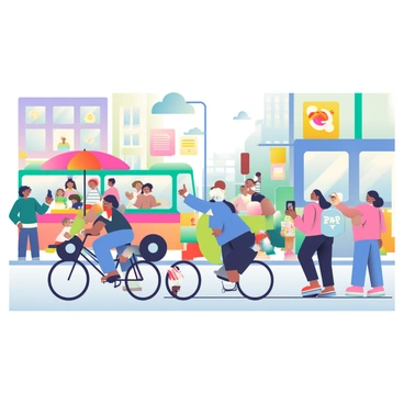 A busy urban street scene is depicted, showcasing a diverse group of people engaged in various activities. In the foreground, a woman with dark hair is walking her small dog, while a man in a blue jacket is riding a bicycle past her. To the left, a street vendor with a red umbrella is selling hot dogs, and customers are gathered around, choosing their orders. A colorful bus is driving by, and a group of friends is standing on the sidewalk, laughing and taking selfies. Above, buildings with large windows and signs display vibrant advertisements. The sky is clear with a few fluffy clouds.
