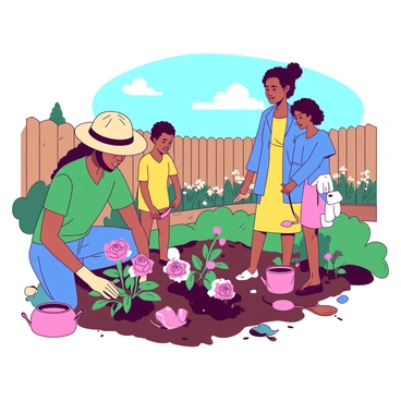 A vibrant scene showcases a community garden where neighbors of different ethnicities are actively planting flowers together. One individual, wearing a green shirt and a straw hat, is kneeling in the soil, carefully placing a vibrant pink flower in the earth. Next to them, another person, dressed in a blue jacket, is holding a small spade and preparing another spot for planting. A third neighbor, in a yellow dress, is standing nearby with a watering can, ready to nourish the newly planted flowers. The garden is filled with a variety of colorful flowers, and there are garden tools scattered around, including gloves and pots, emphasizing the collaborative effort. In the background, there are wooden fences and a clear blue sky, adding to the community atmosphere.