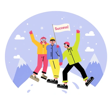 A group of cartoon explorers, consisting of two men and one woman, are celebrating at the peak of a snow-covered mountain. They are dressed in colorful winter gear with bright red, blue, and green jackets, and they wear snow goggles and beanies. One explorer is holding a flag with "Success!" written on it, while the others are throwing their arms in the air in excitement. The background features a clear blue sky and distant snow-capped peaks, enhancing the sense of achievement and adventure. Snow is gently falling around them, adding a magical touch to the scene.