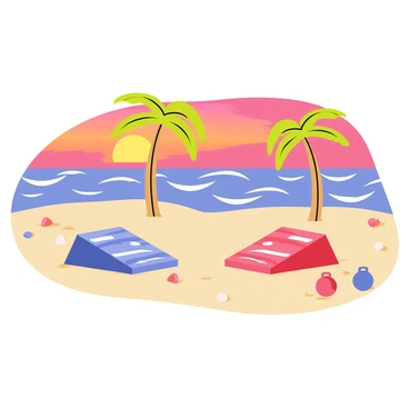 A cornhole game set on a sandy beach with gentle waves lapping at the shore. There are two cornhole boards, one painted with bright blue stripes and the other in vivid red. Bean bags in contrasting colors, blue and red, are scattered near the boards. In the background, a vibrant sunset paints the sky with shades of orange, pink, and purple. Palm trees sway softly in the breeze, their silhouettes contrasting against the colorful sky. A few seashells and pieces of driftwood are scattered in the sand around the game area.
