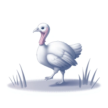 A baby turkey with fluffy down feathers is waddling across a field of grass. Its small body is round and covered in soft, light feathers. The turkey's head is small with a slight pink hue near the beak. The grass around it is tall and green, bending slightly as the turkey moves. The scene captures the turkey's playful movement as it explores its surroundings.