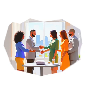 A diverse group of five individuals engaged in a handshake, symbolizing economic collaboration. The first person is a woman with dark curly hair and light skin, wearing a blue blazer. Next to her is a man with short black hair and medium skin, dressed in a white shirt and dark trousers. On the other side, a woman with straight brown hair and medium skin is wearing a green top, and beside her is a man with shaved head and dark skin, dressed in a grey suit. Finally, a woman with red hair and light skin, wearing a yellow dress, stands to the far right. They are positioned in a bright office setting, with a large window displaying a city skyline in the background.