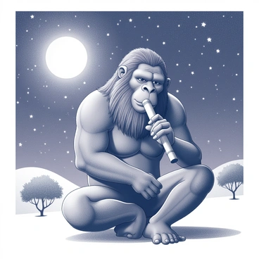 A Neanderthal with a muscular build is sitting on the ground, holding a bone flute to their lips. They have thick, rugged features and long hair that falls over their shoulders. The Neanderthal's focused expression conveys their concentration as they play a simple melody. In the background, a vast starlit sky stretches above, filled with countless twinkling stars. The scene is illuminated by the gentle glow of the moon, casting soft shadows around the Neanderthal. A few sparse trees can be seen in the distance, framing the serene setting.