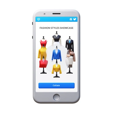 A smartphone app interface displaying a 3D model of a mannequin. The mannequin is rotating to showcase various fashion styles. Each style features distinct outfits, including casual wear, formal attire, and trendy accessories. The background is simple and clean to emphasize the rotating mannequin. The app interface includes navigation buttons and a title that reads "Fashion Styles Showcase."