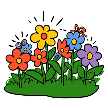 A garden with flowers tied with small decorative ribbon bows