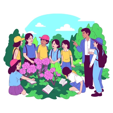 A group of schoolchildren, wearing colorful hats, are gathered around vibrant bee balm plants in a green garden. The children are engaged and listening attentively to a guide, who is standing beside them. The guide is pointing towards the bright pink and purple flowers, explaining the benefits of the plants. The scene captures various expressions of curiosity and excitement on the children's faces, while some are taking notes in small notebooks. In the background, there are more lush green plants and a clear blue sky above, enhancing the lively atmosphere of the field trip.