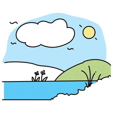 A large, soft cloud floating in a pale blue sky, with delicate wisps trailing off its edges. Below the cloud, a gentle river meanders through a serene landscape, reflecting the colors of the sky. To the side of the river, a cluster of simple, white flowers grows next to tall, slender grass. In the distance, a gentle hill rises, covered in a light green hue, under the watchful gaze of a bright, warm sun.