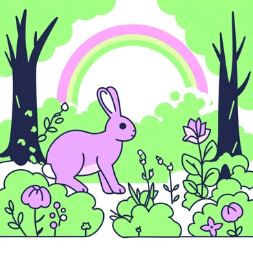 A rabbit is standing on its hind legs, curiously looking around in a forest filled with detailed trees and lush foliage. The rabbit has soft fur and large ears, and it is surrounded by various plants and flowers of different shapes and sizes. In the distance, a rainbow arches across the sky, vibrant and wide, adding a colorful background to the scene. Sunlight filters through the leaves, casting gentle shadows on the ground where the rabbit is exploring.