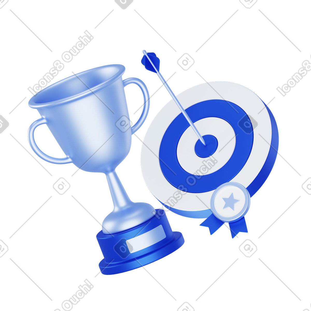 Trophy next to target and medal, excellence accomplishment animated illustration in 3D Techny style download in GIF, Lottie (JSON), AE