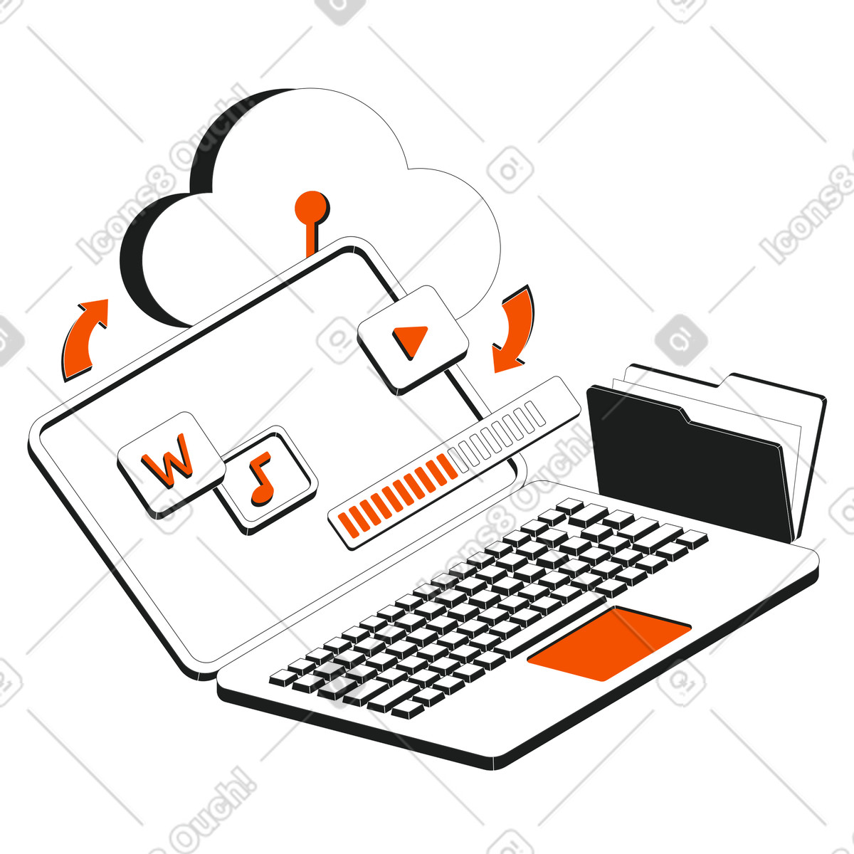 Illustration Digital files transferring to cloud, Online storage and data synchronization dans le style Strict à télécharger aux formats PNG, SVG