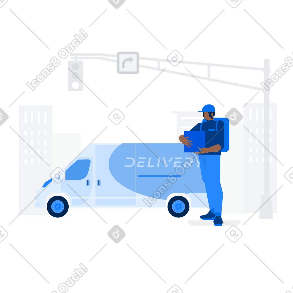 Ilustração de Courier loading delivery van with box, Urban shipping service em no estilo para baixar em PNG, SVG