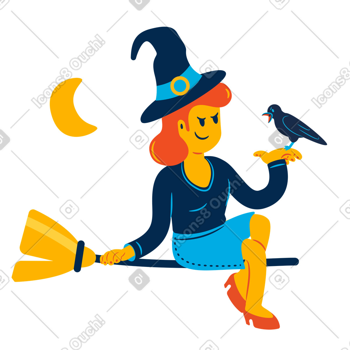 Ilustração de Bruxa com corvo voando na vassoura em no estilo Flame para baixar em PNG, SVG