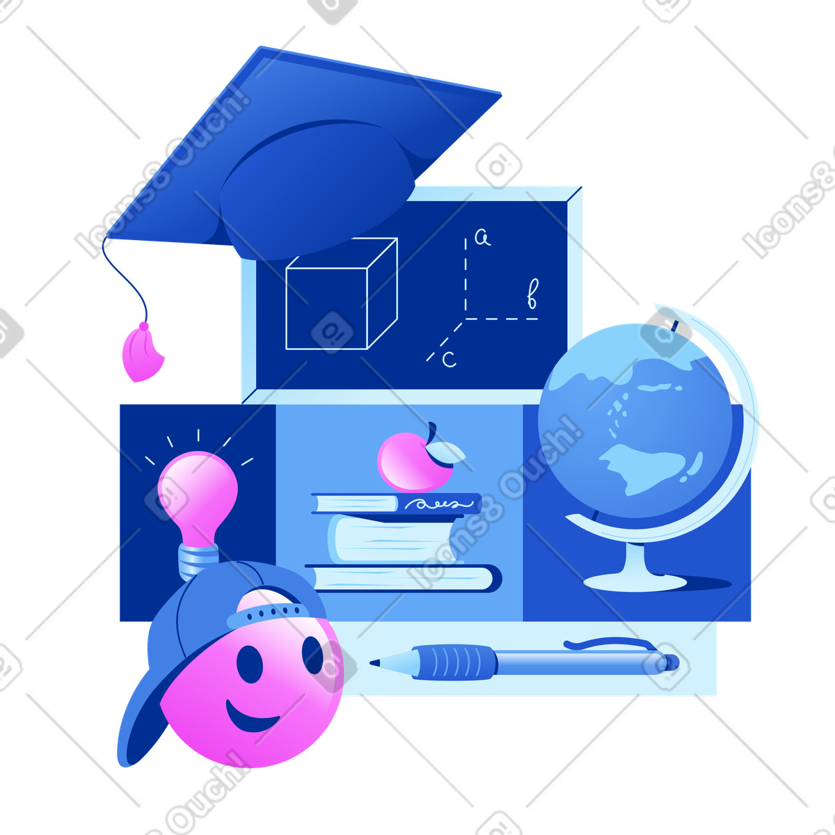 Graduierter hut mit kreidetafel, globus, stift und büchern-Illustration im Glossy-Stil als Download in PNG, SVG
