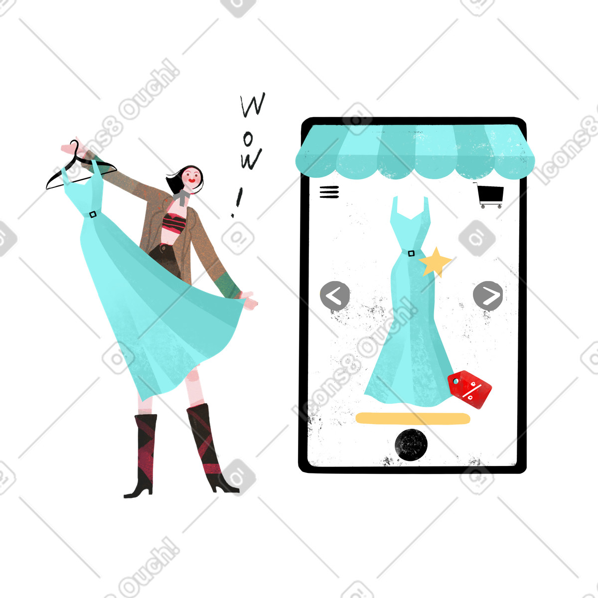 Fabulous 스타일의 온라인 숍에서 드레스를 입어보는 여성 일러스트레이션 PNG, SVG 다운로드