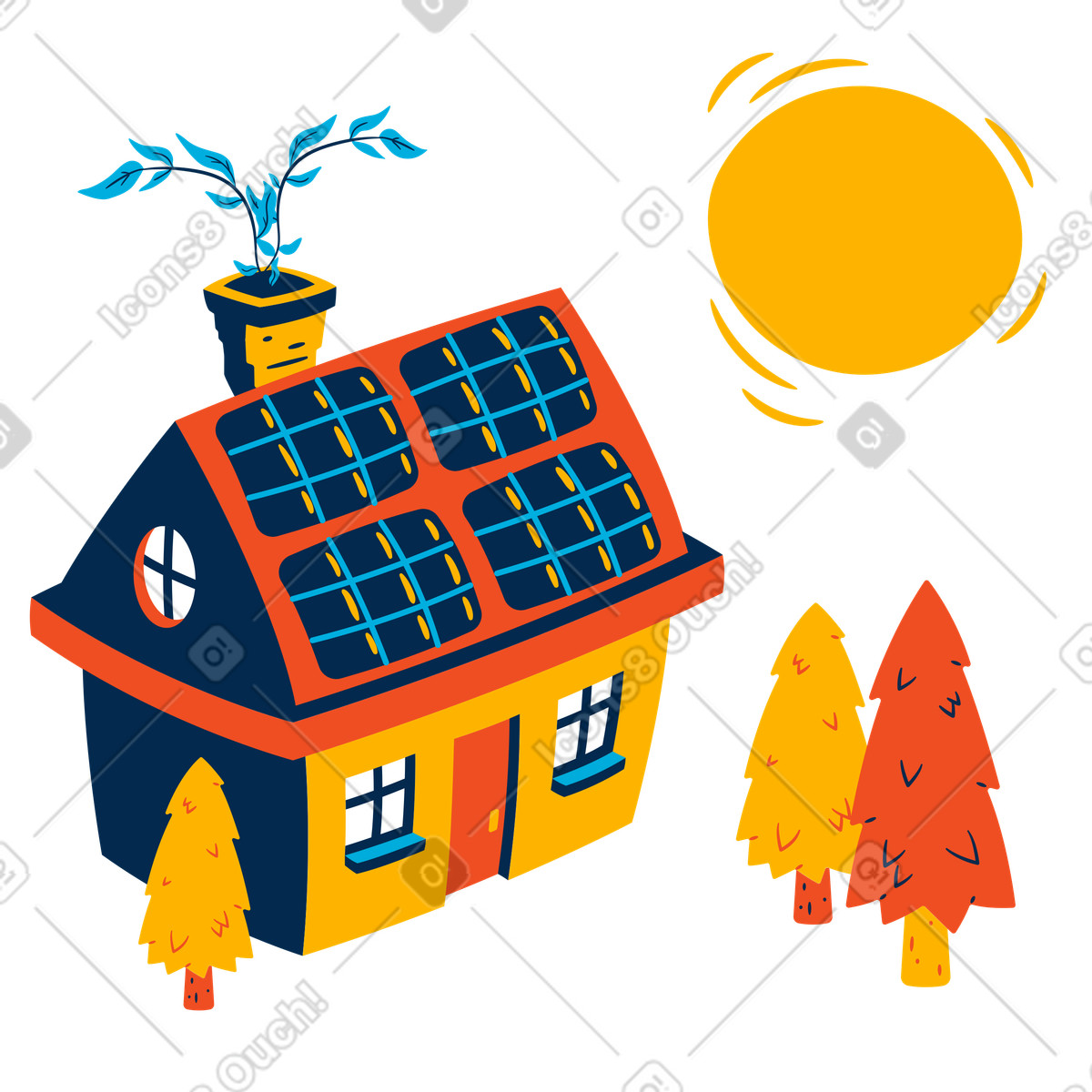 Illustration Maison avec système de production d'énergie solaire dans le style Flame à télécharger aux formats PNG, SVG