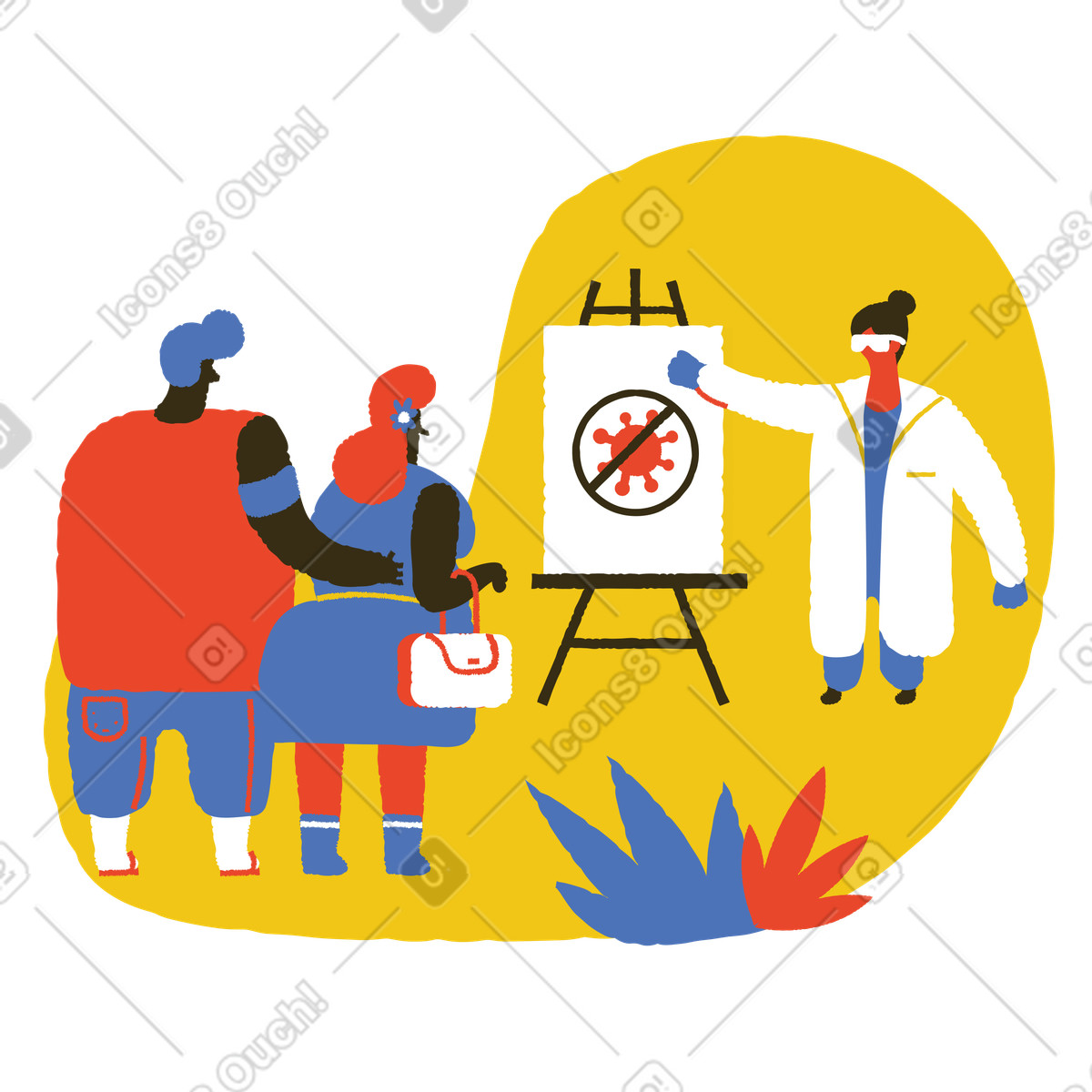 Dottore che istruisce le persone sul virus illustrazione in stile Bermuda scarica in PNG, SVG