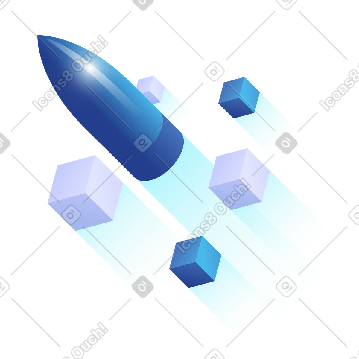 Blue rocket flying through cubes, startup and fast progress, technology speed and innovation illustration in PNG, SVG