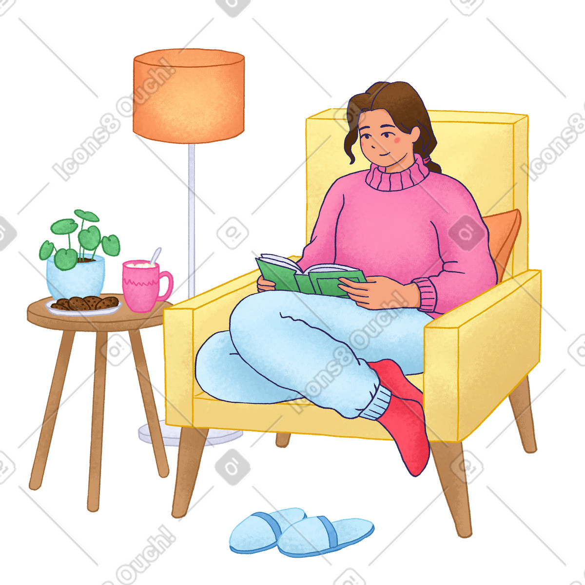 Woman sitting in armchair and reading a book illustration Hue style download PNG, SVG